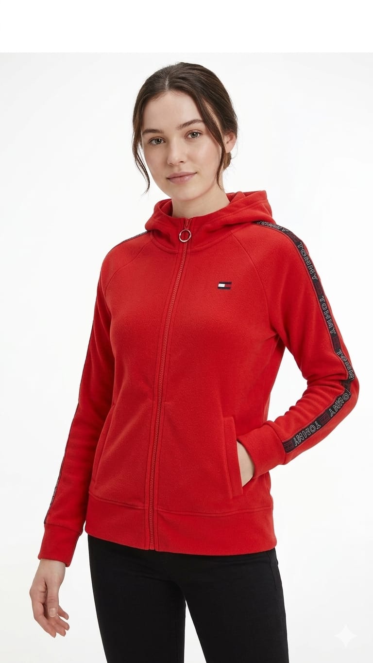casaca-polar-tommy-hilfiger-roja-letras-mangas-mujer-frente Casaca Tommy Hilfiger Rojo Dama - Imagen 1
