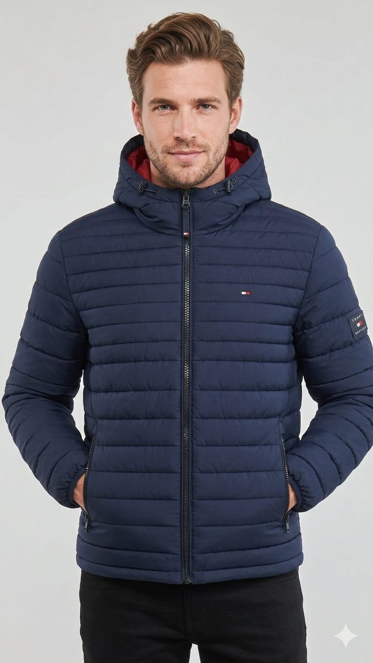casaca-tommy-hilfiger-puff-azul-capucha-hombre-frente Casaca Tommy Hilfiger Caballero - Imagen 1