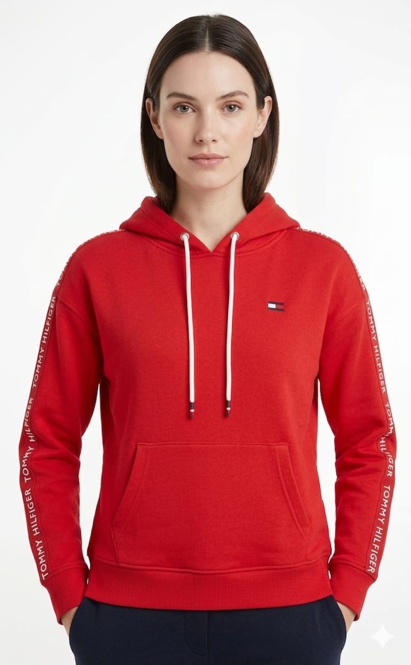 polera-tommy-hilfiger-roja-capucha-mujer-perfil Polera Tommy Hilfiger Dama Rojo - Imagen 1