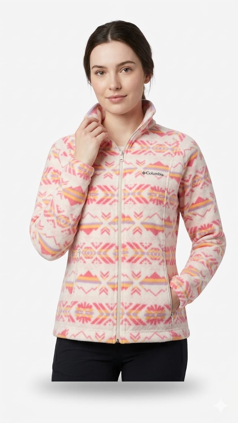 casaca-columbia-diseño-rosado-figuras-mujer-frente Casaca Columbia Dama - Imagen 1