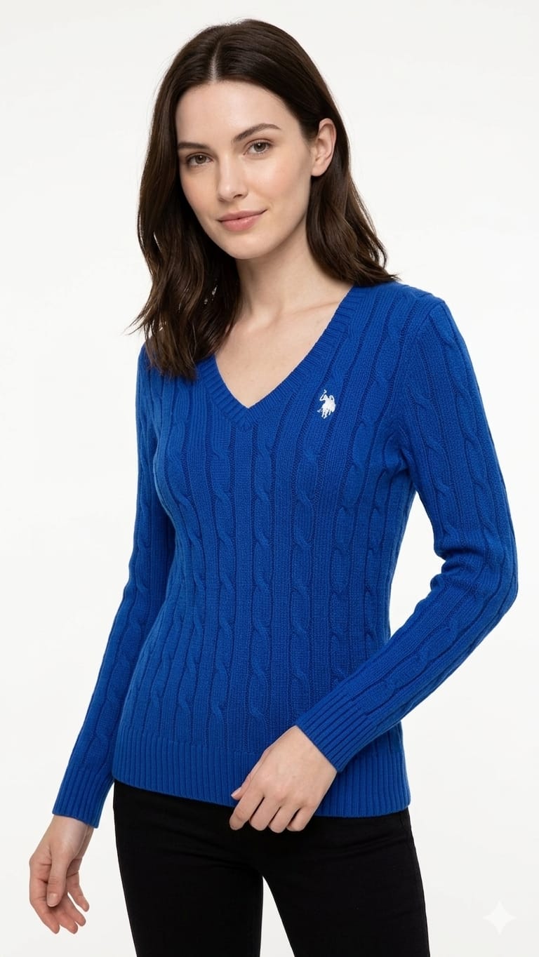 chompa-azul-cuello-v-mujer-frente Sweater US Polo Dama Azul - Imagen 1