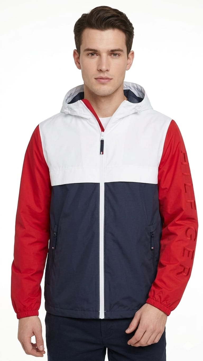 cortaviento-tommy-hilfiger-mangas-rojo-azul-blanco-frente Casaca Cortaviento Tommy Hilfiger Caballero - Imagen 1