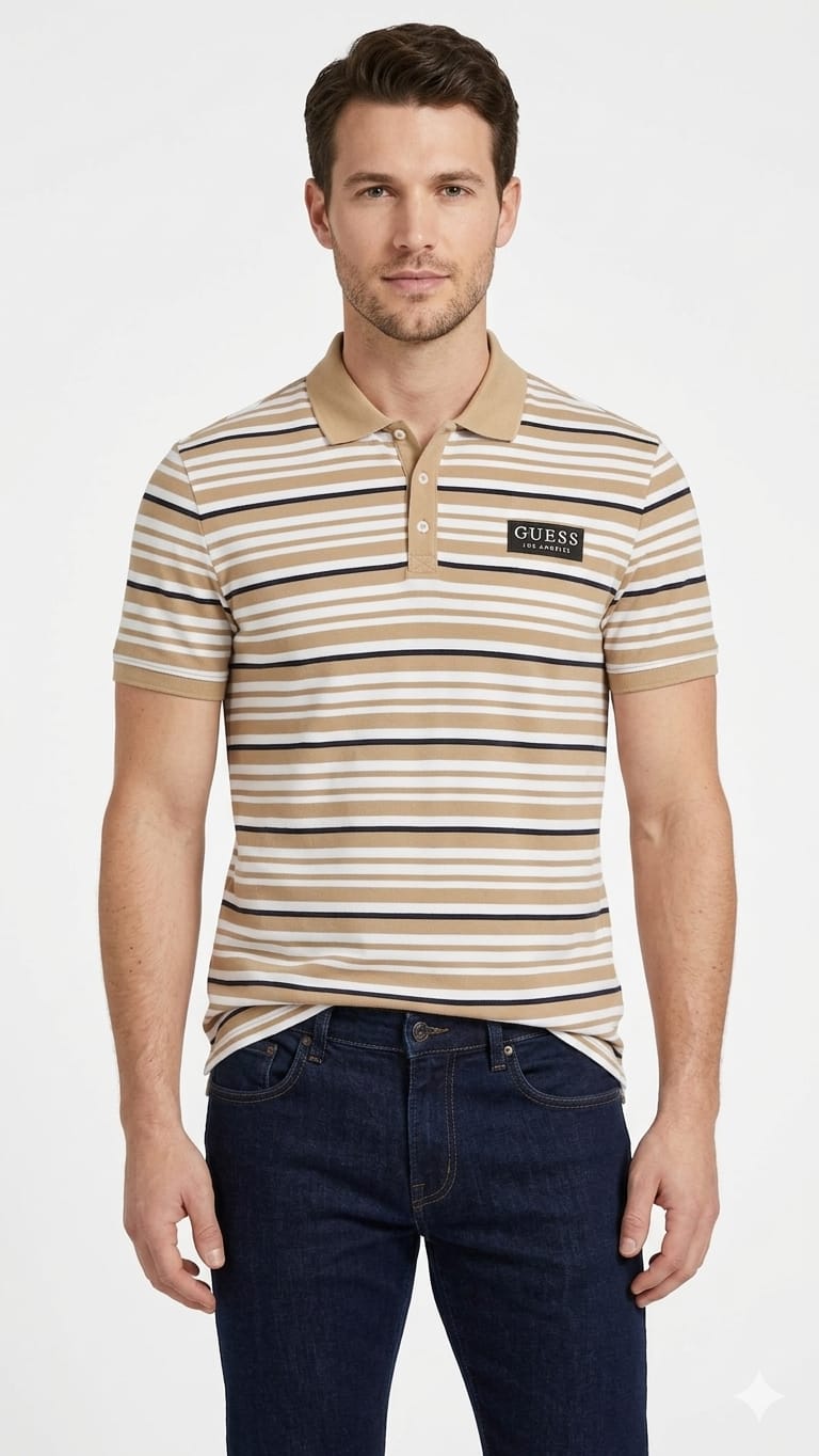 polo-camisero-guess-beige-rayas-hombre-frente Polo Camisero Guess Caballero - Imagen 1