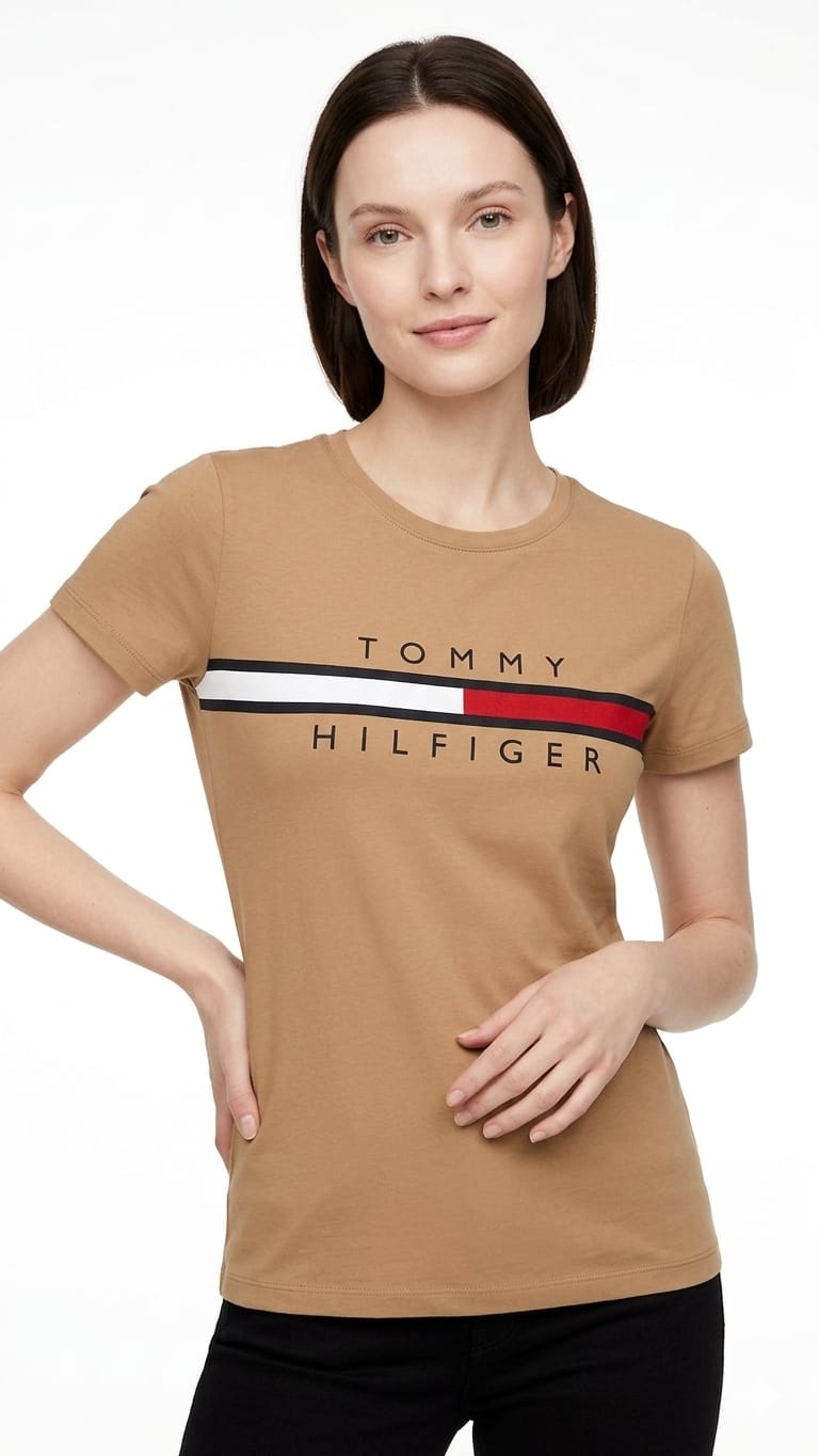 polo-tommy-hilfiger-beige-logo-franja-mujer-frente Polo Tommy Hilfiger Dama - Imagen 1