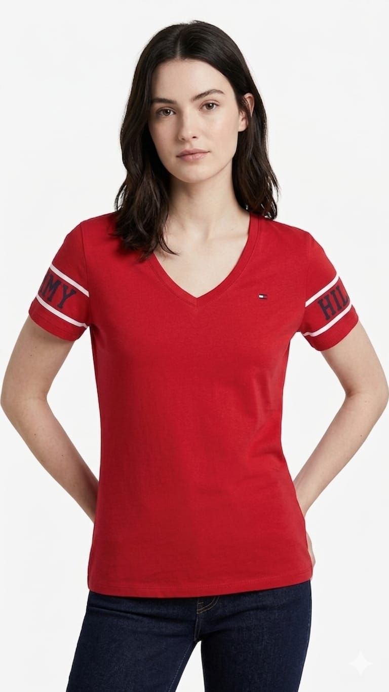 polo-tommy-hilfiger-rojo-cuello-v-mujer-frente Polo Tommy Hilfiger Dama - Imagen 1