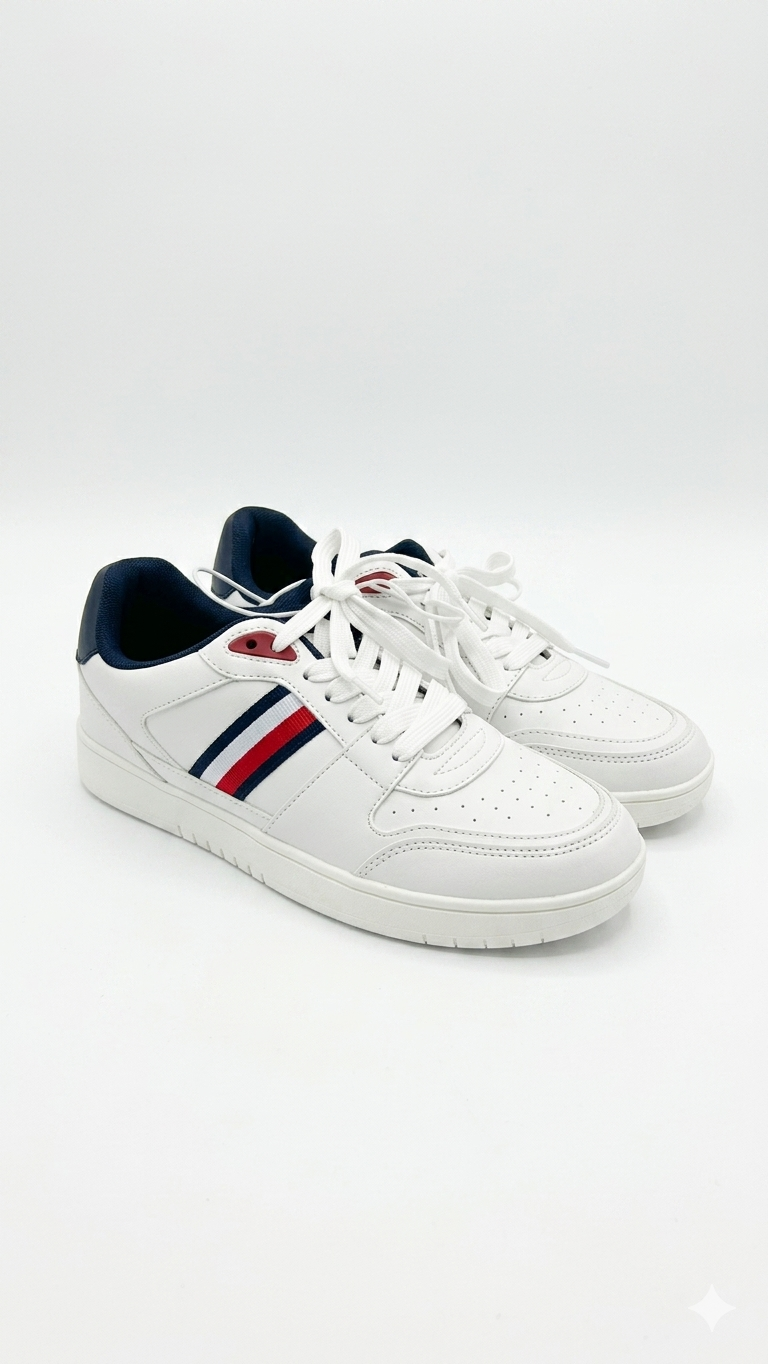 Gemini_Generated_Image_ (10) Zapatilla Casual para Caballero Tommy Hilfiger – Blanca con Franjas - Imagen 1