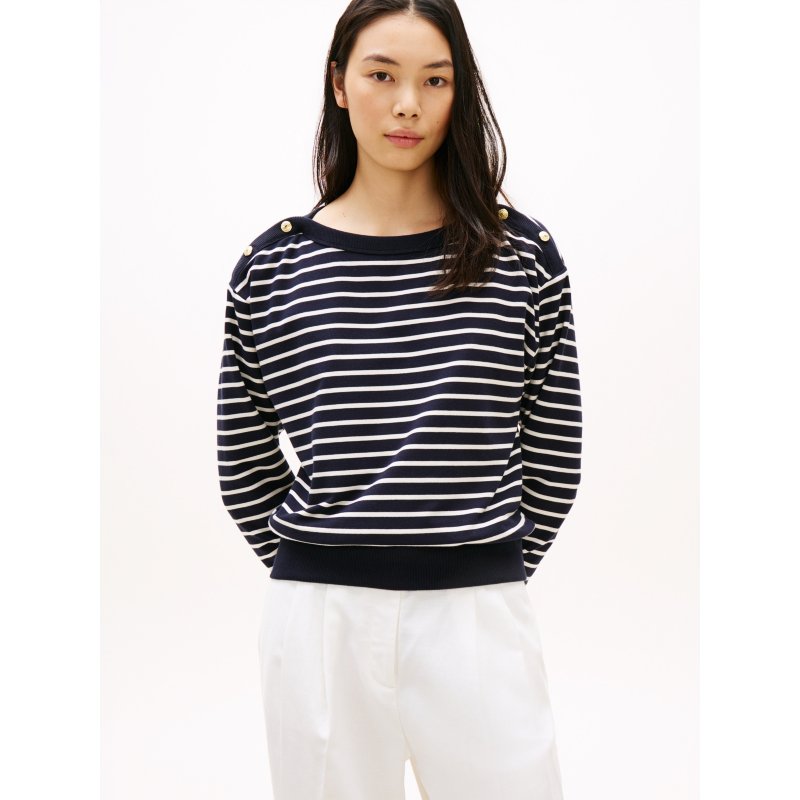 Tommy-TShirtXW08216-DW5 Stripe Gold-Button Boatneck Sweatshirt - Imagen 1