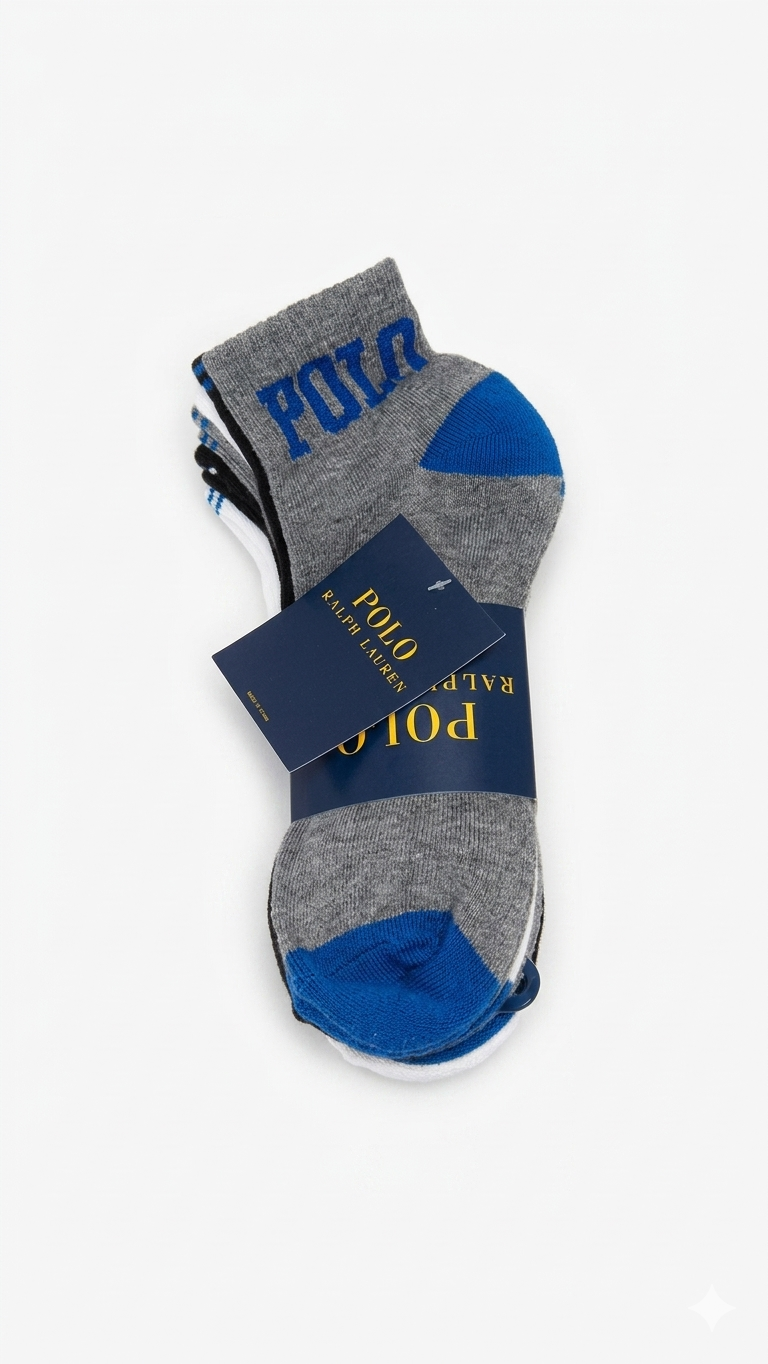 medias-pack-3-calcetines-tobilleros-polo-ralph-lauren-blanco-gris-azul-hombre-frente Pack de 6 Pares de Medias Tobilleros Polo Ralph Lauren | Blanco/Gris y Azul - Imagen 1